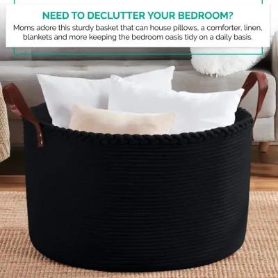 Extra Large Round Cotton Rope Storage Basket Laundry Hamper with Leather Handles