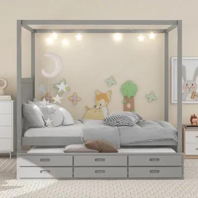 Merax Canopy Platform Bed with Trundle and  Storage Drawers