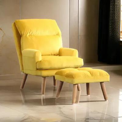 Nina 28 Inch 2 Piece Accent Chair and Ottoman Set, Splayed Legs, Yellow -Benzara