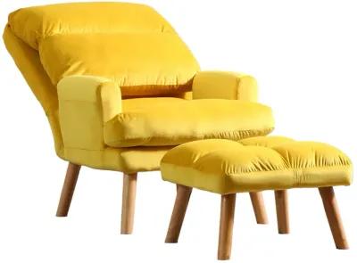 Nina 28 Inch 2 Piece Accent Chair and Ottoman Set, Splayed Legs, Yellow -Benzara