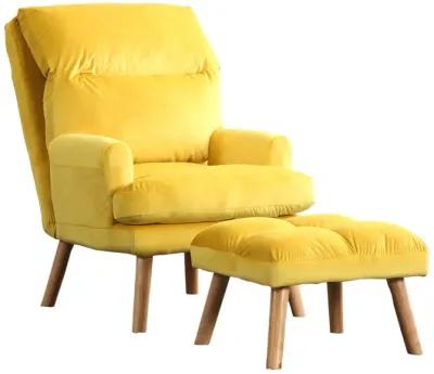 Nina 28 Inch 2 Piece Accent Chair and Ottoman Set, Splayed Legs, Yellow -Benzara