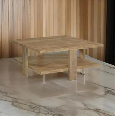 Dew 36 Inch Side Coffee Table, Lower Shelf, Engineered Wood, Mango Brown - Benzara