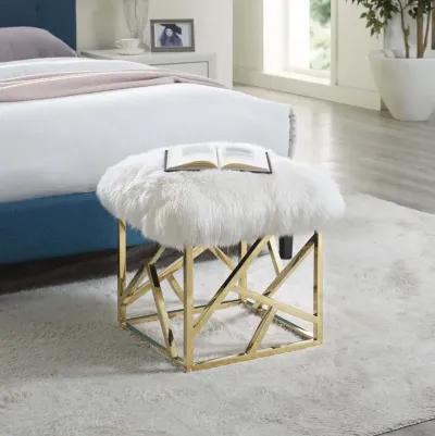 Modway Intersperse Sheepskin Ottoman With Geometric Frame in Gold White