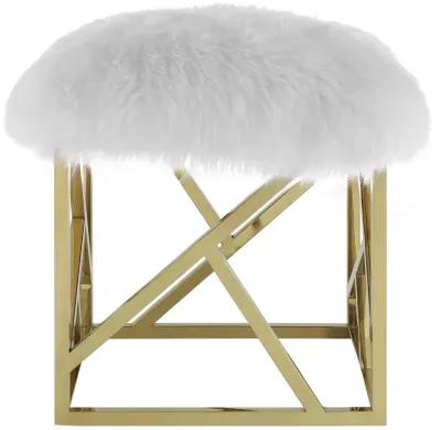 Modway Intersperse Sheepskin Ottoman With Geometric Frame in Gold White