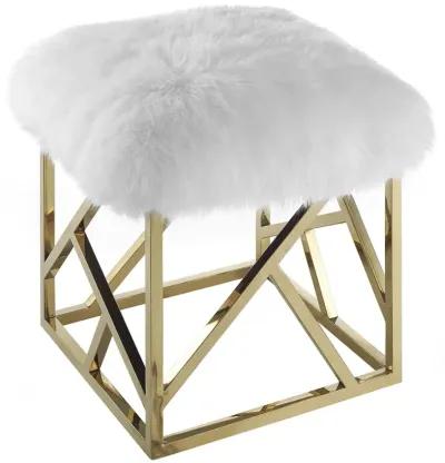 Modway Intersperse Sheepskin Ottoman With Geometric Frame in Gold White