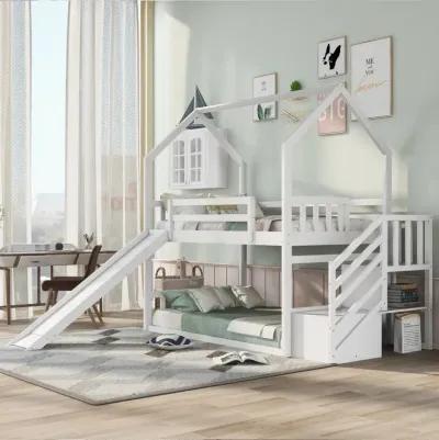 Twin Over Twin House Bunk Bed With Convertible Slide, Storage Staircase