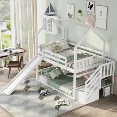 Twin Over Twin House Bunk Bed With Convertible Slide, Storage Staircase