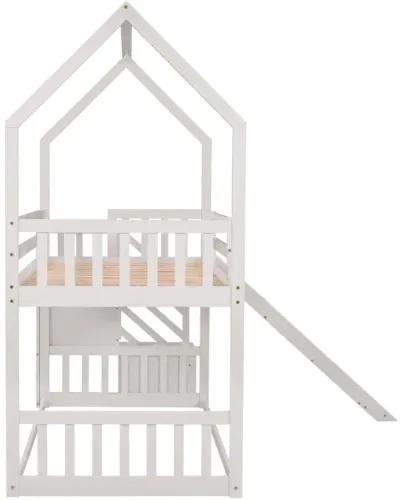 Twin Over Twin House Bunk Bed With Convertible Slide, Storage Staircase