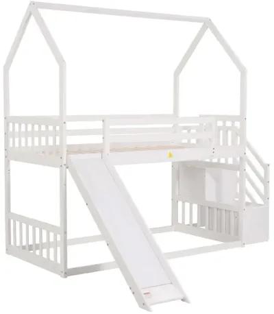 Twin Over Twin House Bunk Bed With Convertible Slide, Storage Staircase