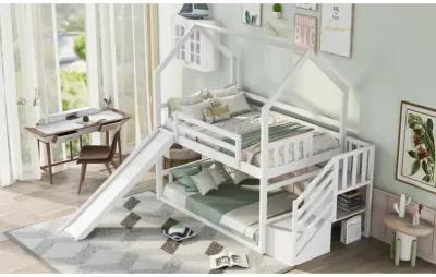 Twin Over Twin House Bunk Bed With Convertible Slide, Storage Staircase