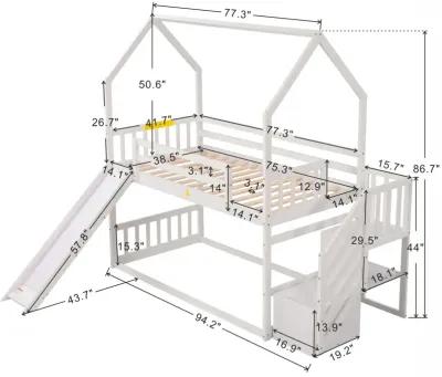 Twin Over Twin House Bunk Bed With Convertible Slide, Storage Staircase