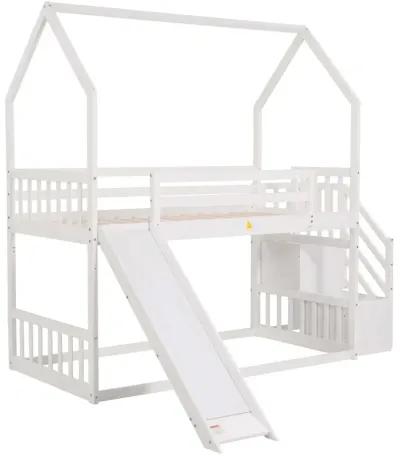 Twin Over Twin House Bunk Bed With Convertible Slide, Storage Staircase