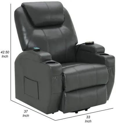 Sania Power Lift Recliner Chair, Gray Faux Leather, Cup Holders, Massage - Benzara