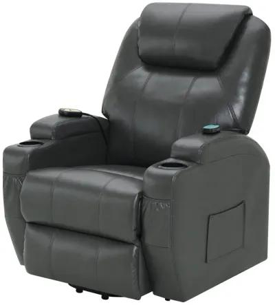 Sania Power Lift Recliner Chair, Gray Faux Leather, Cup Holders, Massage - Benzara