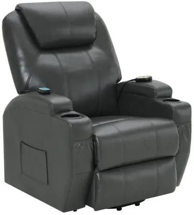 Sania Power Lift Recliner Chair, Gray Faux Leather, Cup Holders, Massage - Benzara