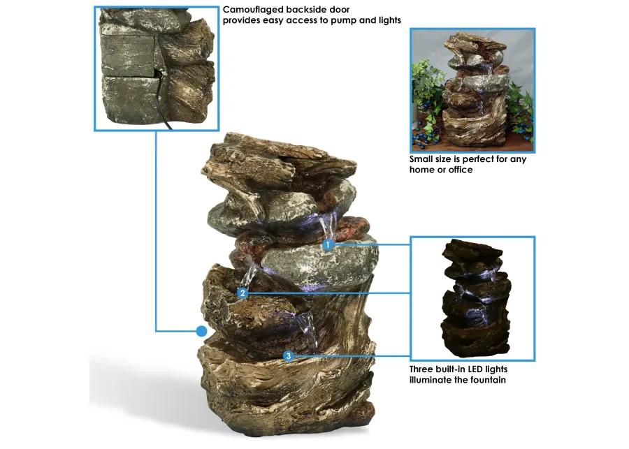 Sunnydaze Tiered Rock and Log Indoor Water Fountain with LEDs - 10.5 in