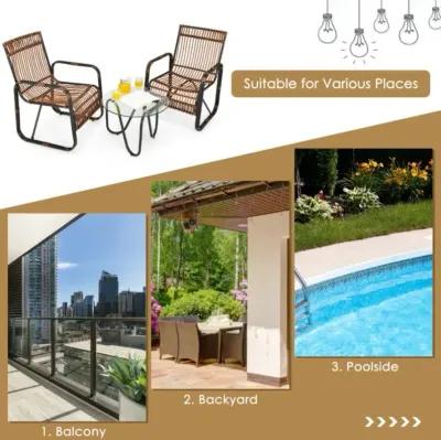 Hivvago 3 Pieces Patio Rattan Furniture Set with 2 Single Wicker Chairs and Glass Side Table