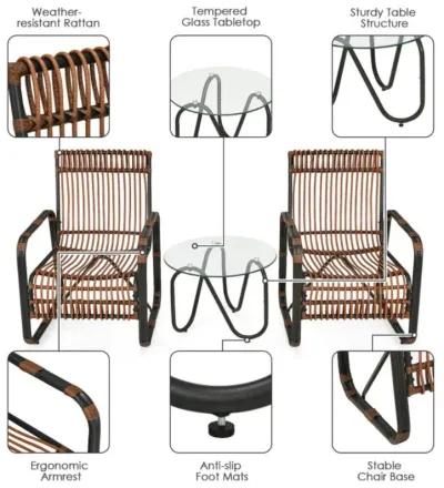 Hivvago 3 Pieces Patio Rattan Furniture Set with 2 Single Wicker Chairs and Glass Side Table