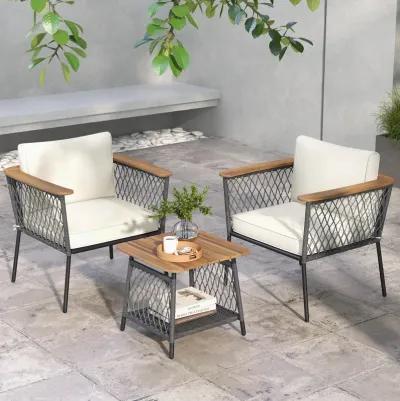 3 Piece Patio Furniture Set Rattan Chair Set with 2-Tier Coffee Table-White