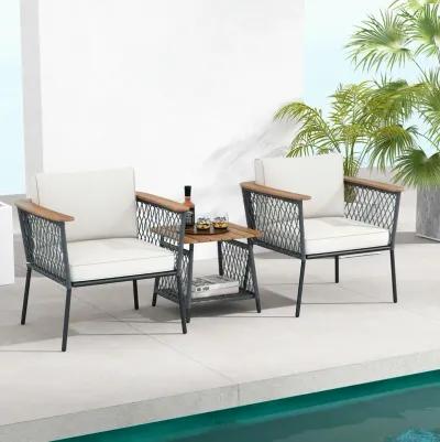 3 Piece Patio Furniture Set Rattan Chair Set with 2-Tier Coffee Table-White