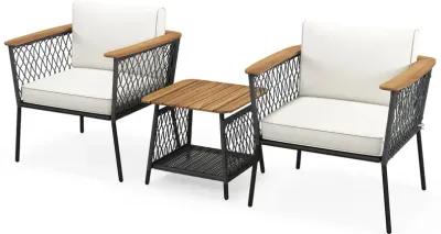 3 Piece Patio Furniture Set Rattan Chair Set with 2-Tier Coffee Table-White