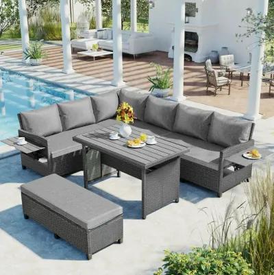 Merax Outdoor Patio Rattan Sectional Sofa Table Bench Set