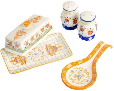 Laurie Gates Tierra 4 Piece Hand Painted Ceramic Tableware Accessory Set