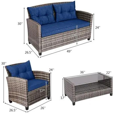 4 Pieces Patio Rattan Furniture Set Coffee Table Cushioned Sofa