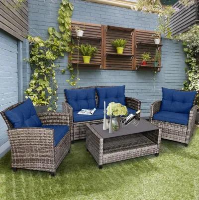 4 Pieces Patio Rattan Furniture Set Coffee Table Cushioned Sofa