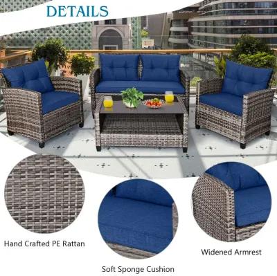 4 Pieces Patio Rattan Furniture Set Coffee Table Cushioned Sofa