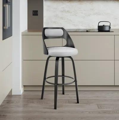 Julius  Gray Faux Leather and Black Wood Bar Stool