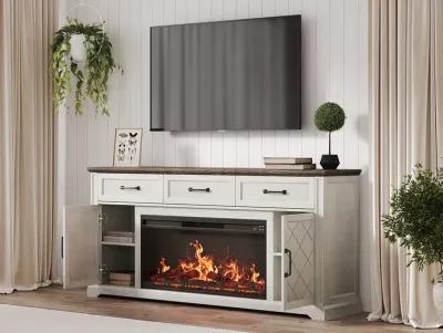 BELLEZE 68 Inch Farmhouse TV Stand with 36" Electric Fireplace, Entertainment Center With Storage Cabinet Up to 75", TV Console with 3 Drawers for Living Room, Bedroom (White)