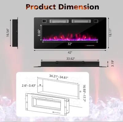 Ultra-Thin Electric Fireplace with Decorative Crystal Display