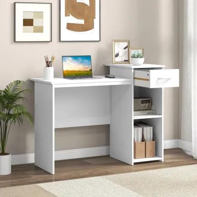 Computer Desk with Drawer Modern Laptop PC Desk with Adjustable Shelf and Cable Hole-White