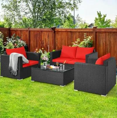 Hivvago 4 Pieces Patio Rattan Conversation Set with Padded Cushions