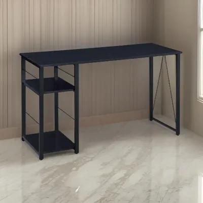 Writing Desk with 2 Tier Side Shelves and Tubular Metal Legs, Black-Benzara