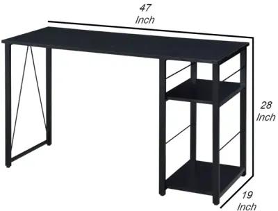 Writing Desk with 2 Tier Side Shelves and Tubular Metal Legs, Black-Benzara