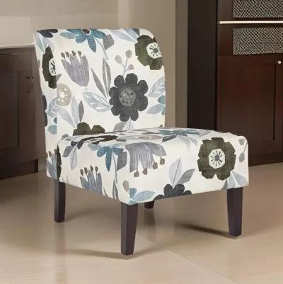 Rima Accent Chair, Ivory Gray Floral Pattern Polyester Cushion, Black Wood - Benzara