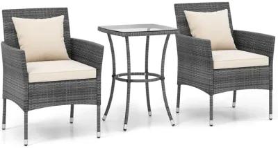 3 Pieces Patio Furniture Set with Cushioned Patio Chairs and Tempered Glass Coffee Table-White