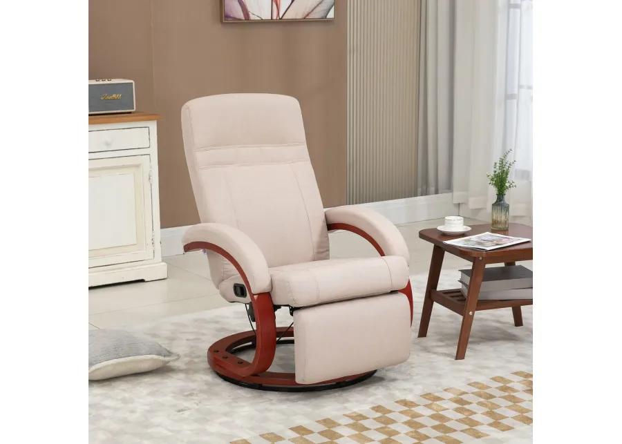 Beige Manual Recliner: Swivel, Footrest, Wood Base