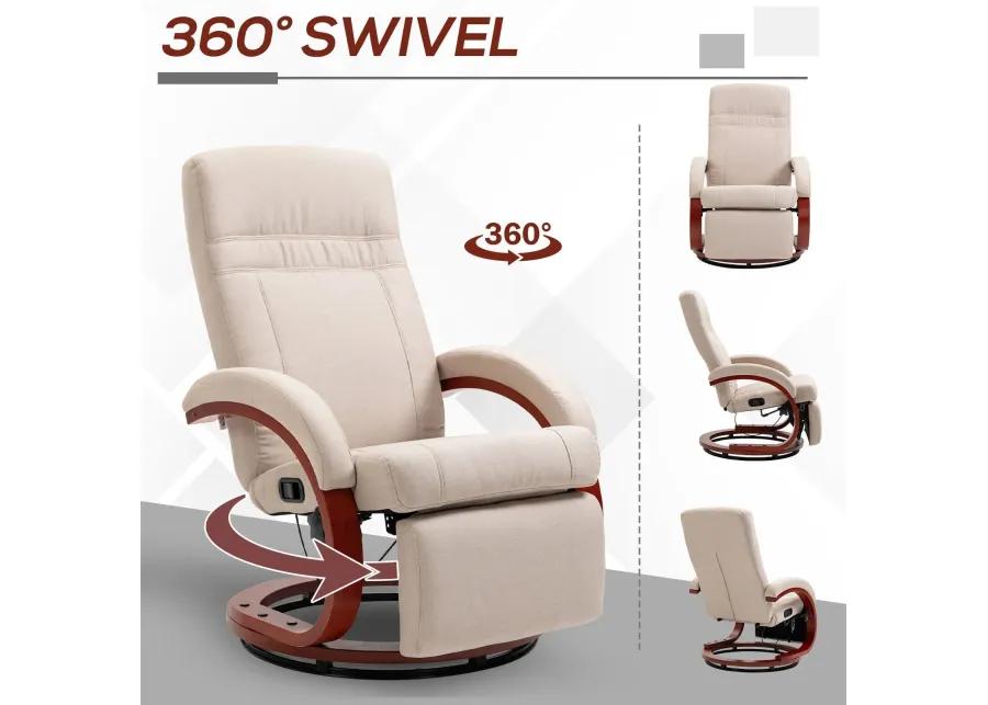 Beige Manual Recliner: Swivel, Footrest, Wood Base