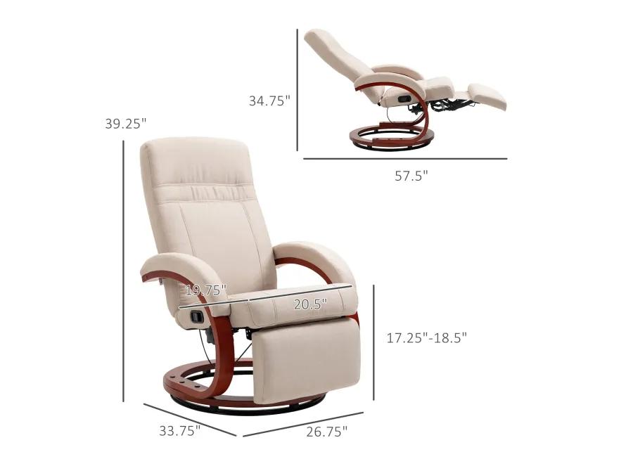 Beige Manual Recliner: Swivel, Footrest, Wood Base