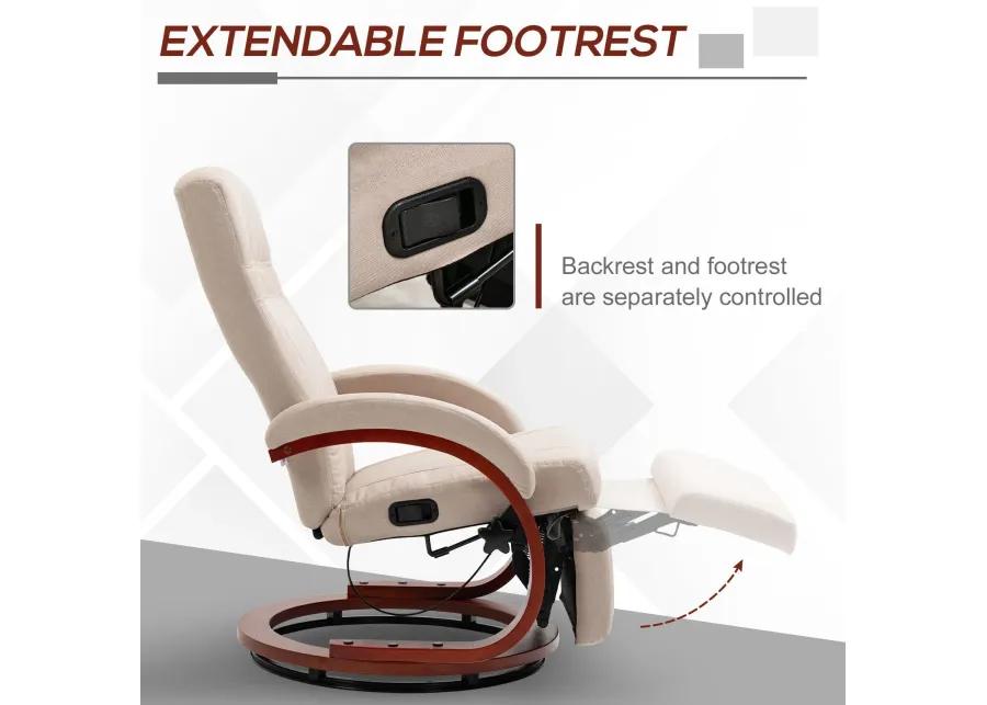 Beige Manual Recliner: Swivel, Footrest, Wood Base