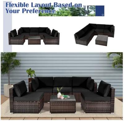 6 Pieces Patio Rattan Furniture Set with Cushions and Glass Coffee Table