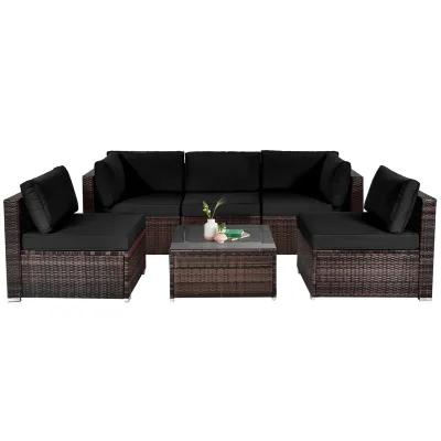 6 Pieces Patio Rattan Furniture Set with Cushions and Glass Coffee Table