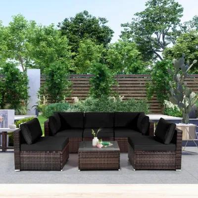 6 Pieces Patio Rattan Furniture Set with Cushions and Glass Coffee Table