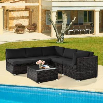 6 Pieces Patio Rattan Furniture Set with Cushions and Glass Coffee Table