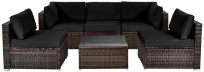 6 Pieces Patio Rattan Furniture Set with Cushions and Glass Coffee Table