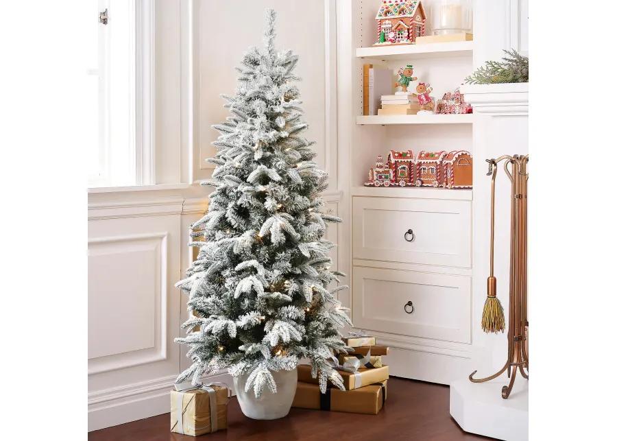 LuxenHome 5Ft Pre-Lit Snow Flocked Slim Fir Potted Artificial Christmas Tree