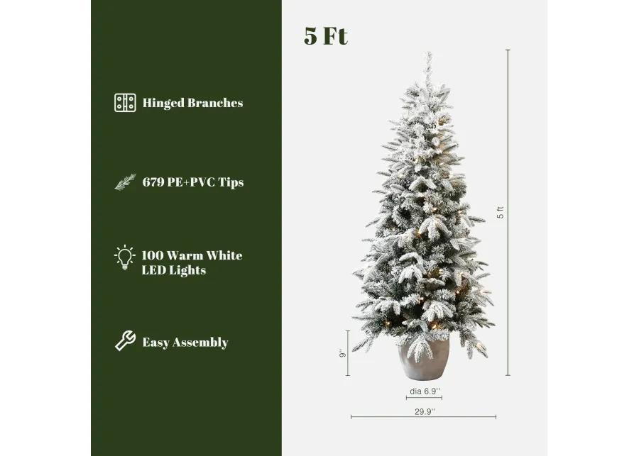 LuxenHome 5Ft Pre-Lit Snow Flocked Slim Fir Potted Artificial Christmas Tree